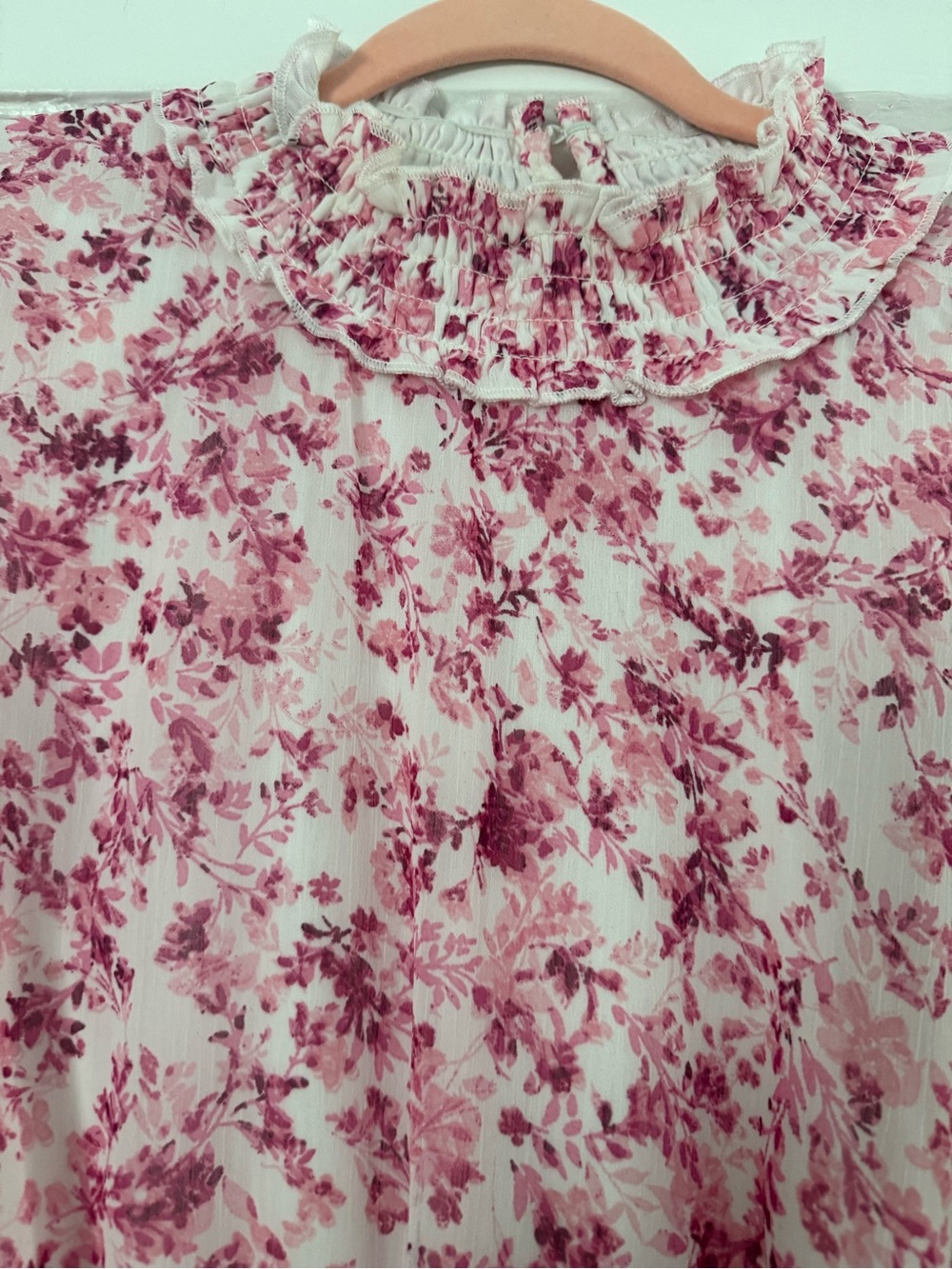 Crystal Doll Pink Floral Ruffle Neck Blouse
